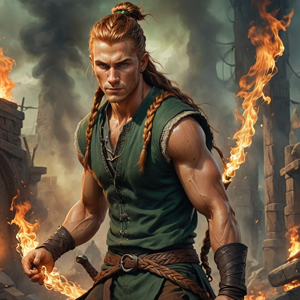 Teenage Fire Genie Concept Art in Fiery Tones