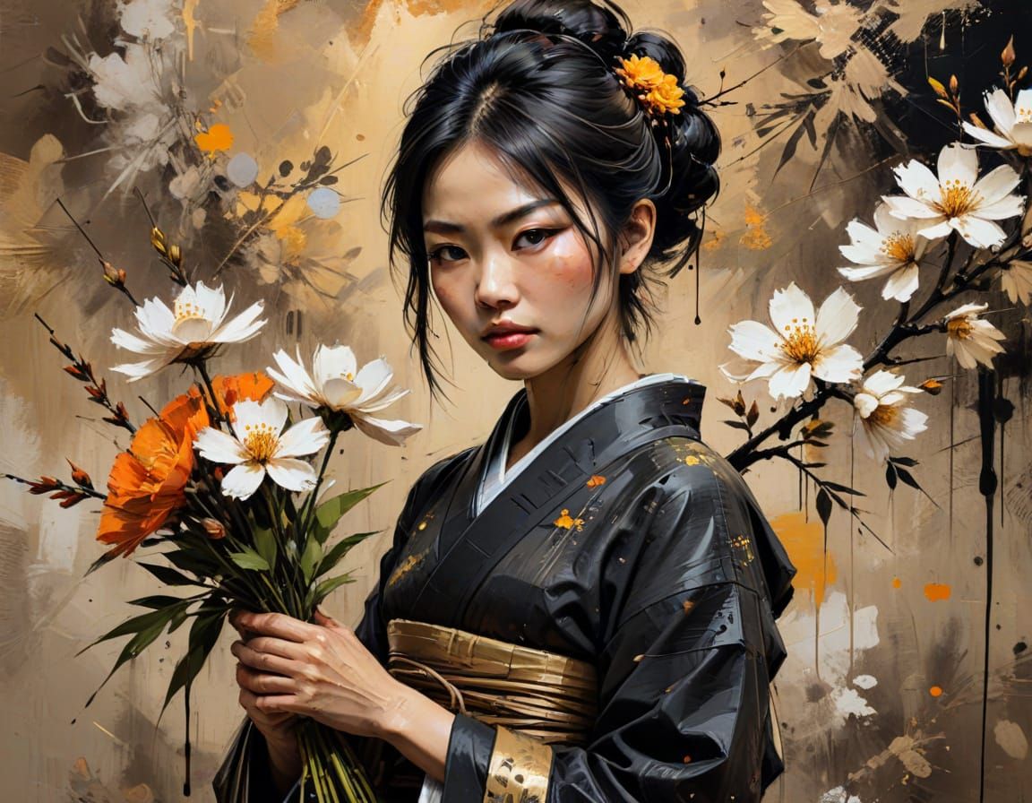 Woman with Flowers, Expressive Impasto Painting