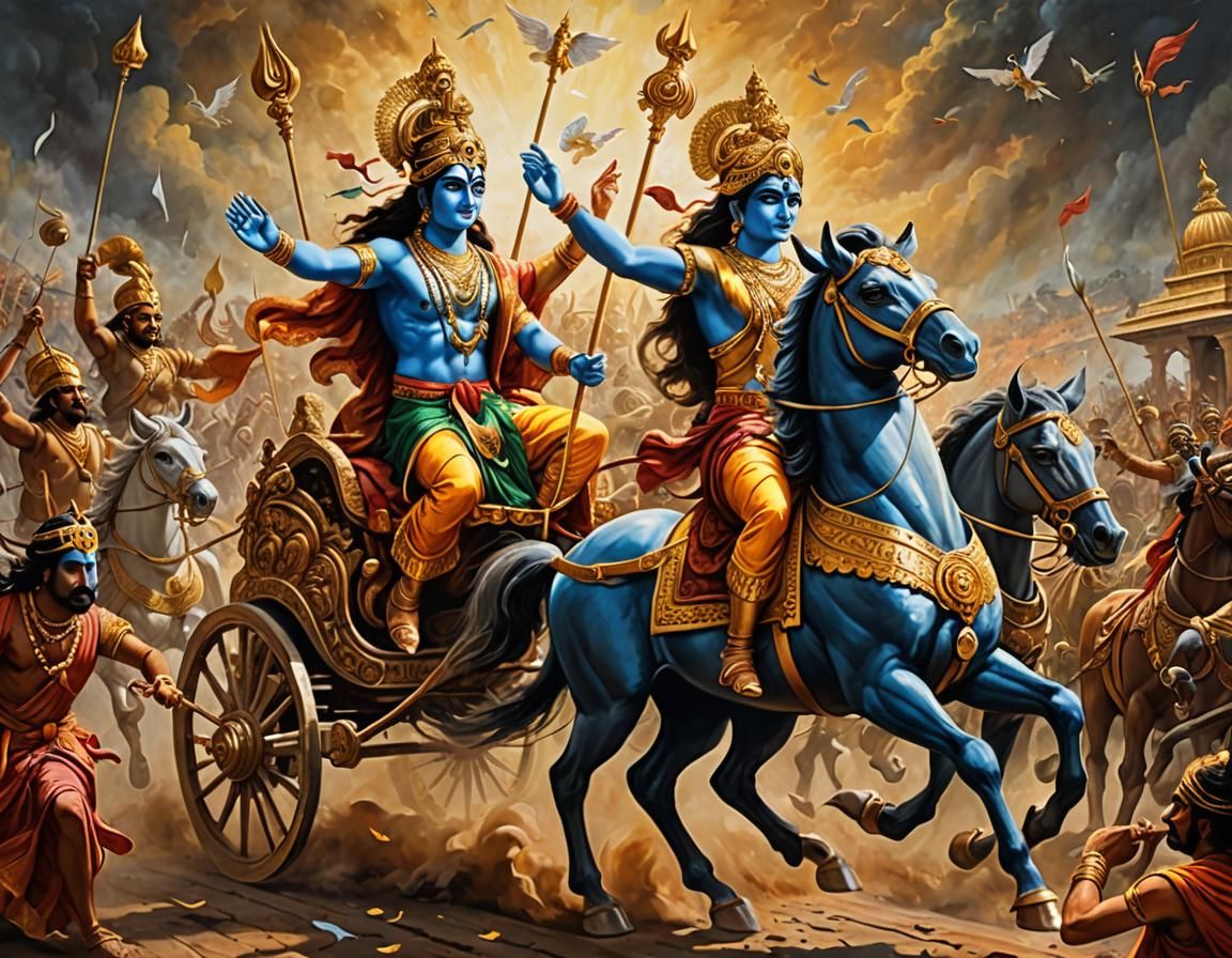 Krishna and Arjuna in Mahabharat Battle Chariot