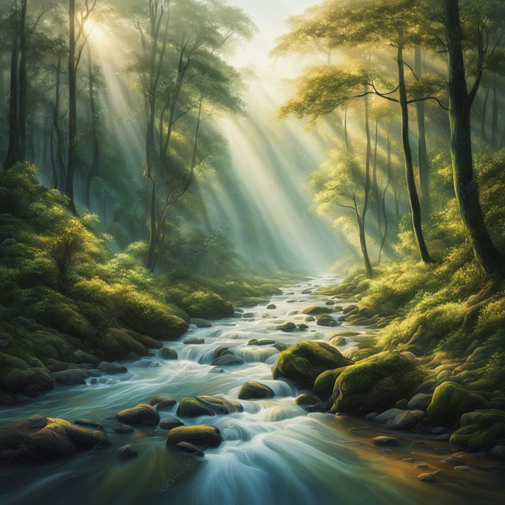 Surreal River Flows Through Forest in Oil Painting Style