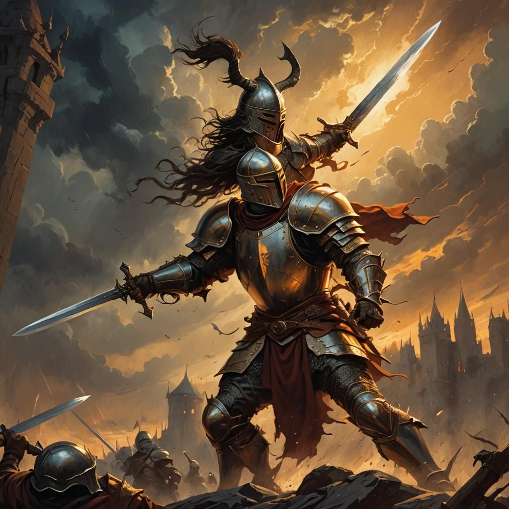 Epic Fantasy Duel: Warrior Prepares for Battle