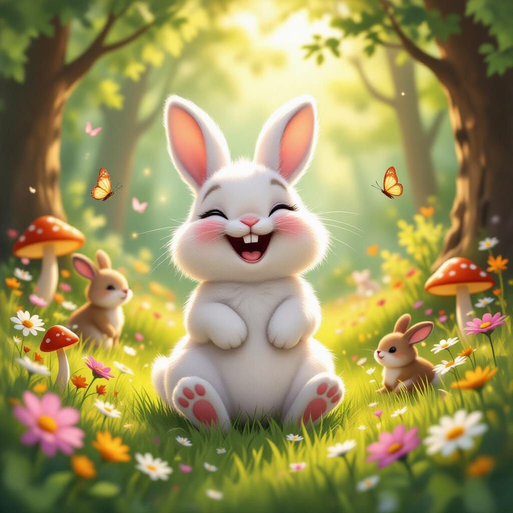 Laughing Bunny in a Magical Forest Clearing