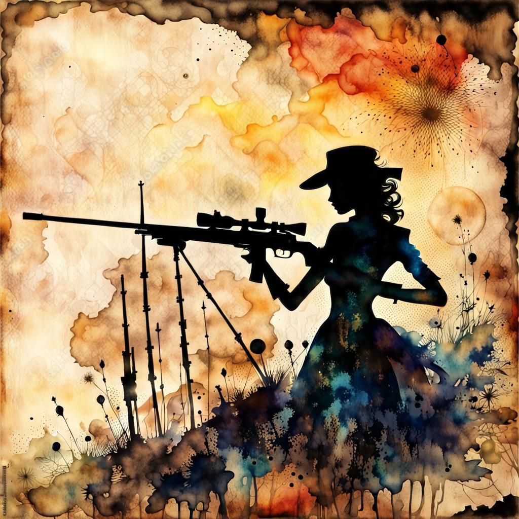 Woman Sniper Silhouette in Steampunk Ink Painting