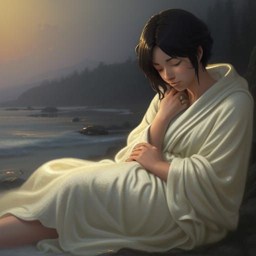 A Serene Figure in Fetal Position, Wrapped in Gentle Robes