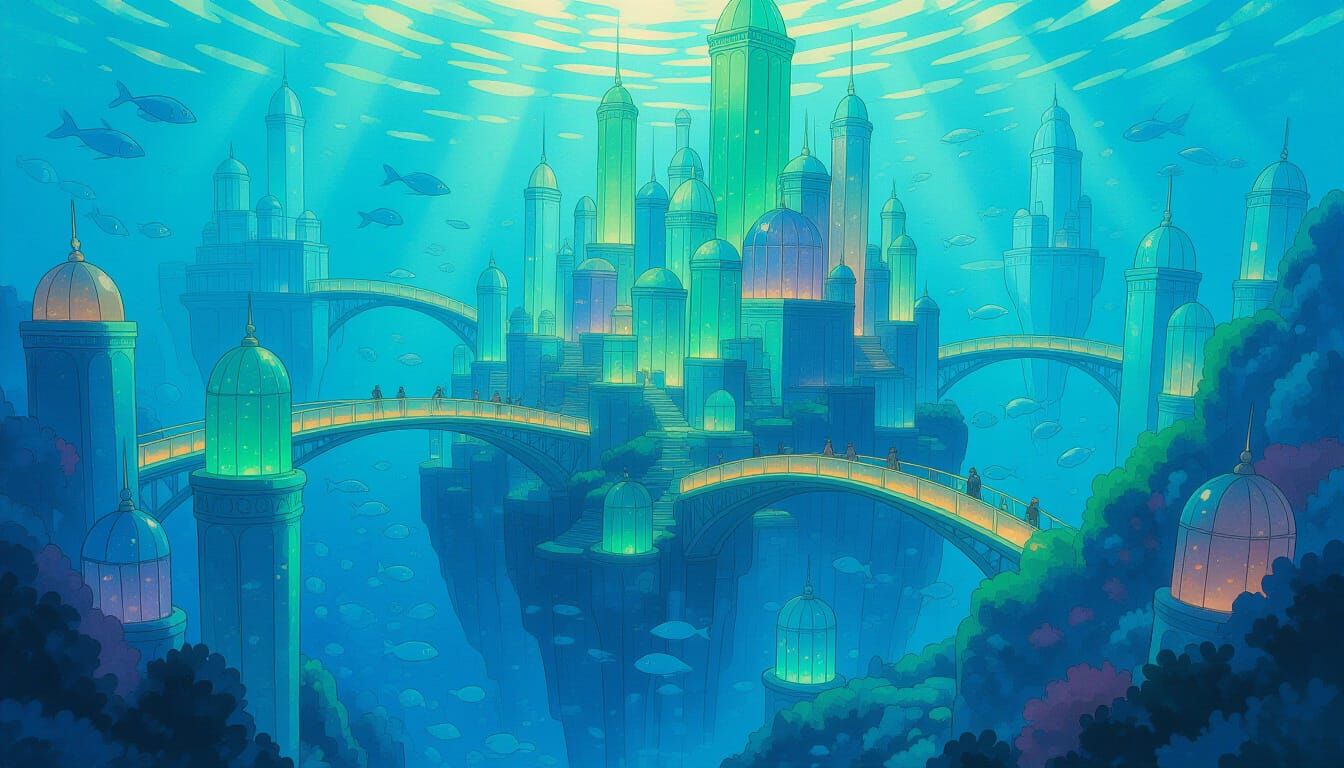 Whimsical Sea Glass City with Bioluminescent Fish