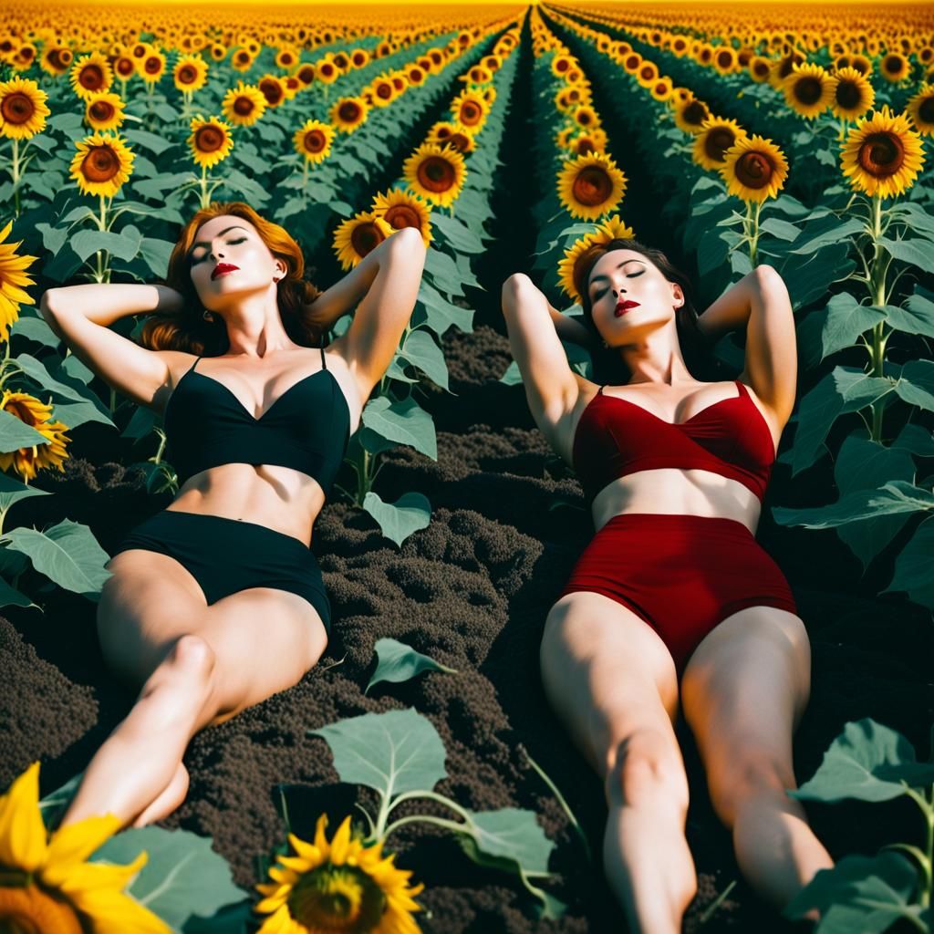 Elegant Film Noir: Women in Sunflower Field