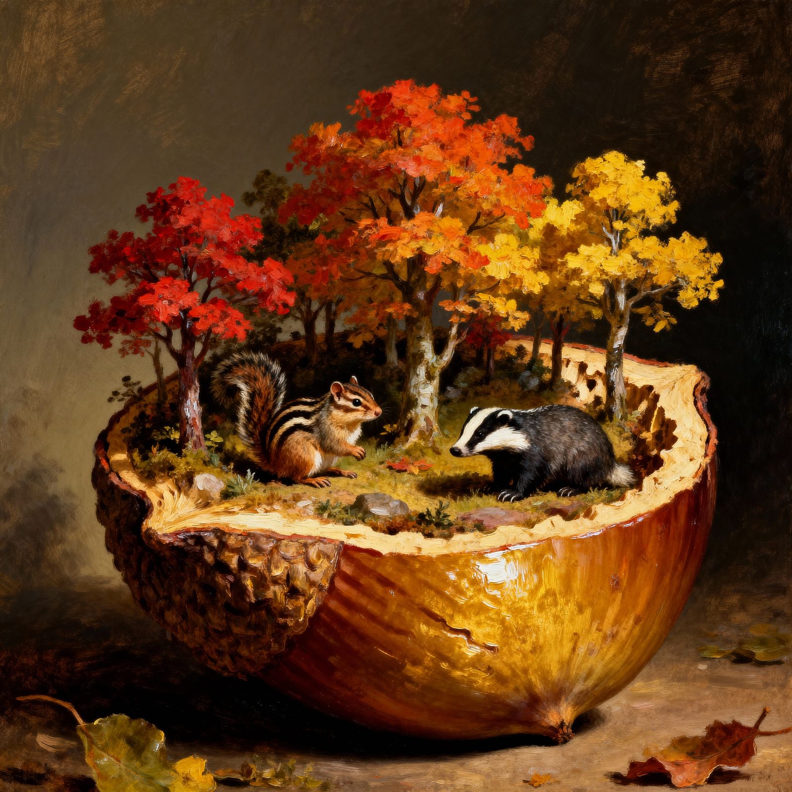 Miniature Autumn Landscape Inside Hollowed Acorn Oil Paintin...