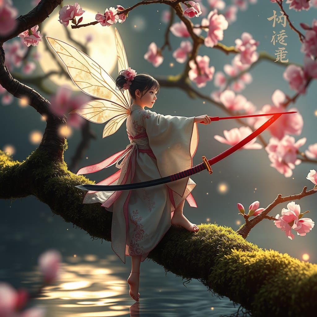 Japanese Fairy with Katana in Spring Forest