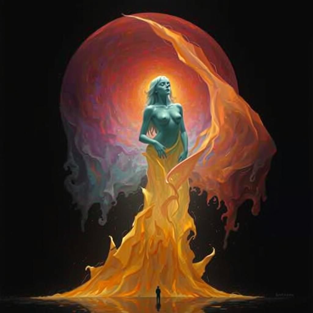 Mystical Figure at Dreamlike Lake in Surreal Oil Painting