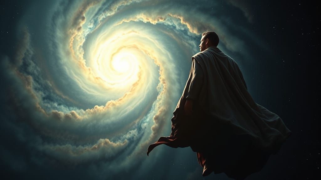 Man in Robes Floats in Cosmic Void Gazing at Nebula