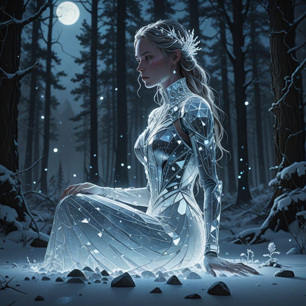 Ethereal Diamond Woman Emerges in Frosty Forest Under Starry...