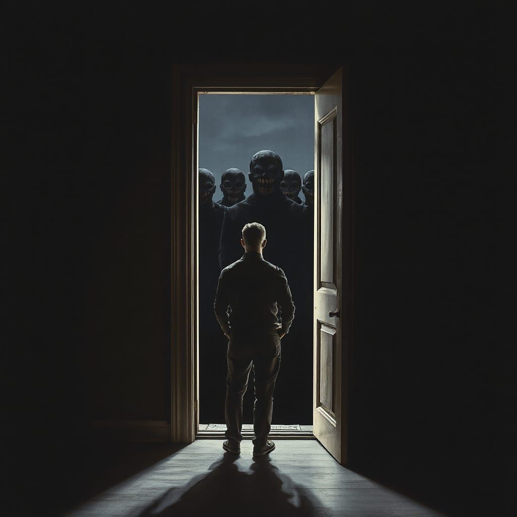 Dark Silhouette Figures Loom Behind a Man in a Haunting Phot...