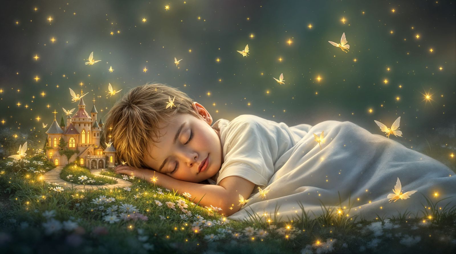 Dreamlike Impressionist Scene of Boy in Miniature Fairy Vill...