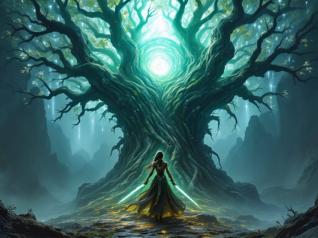 Ethereal Warrior Guards Cosmic Portal Beneath Ancient Tree