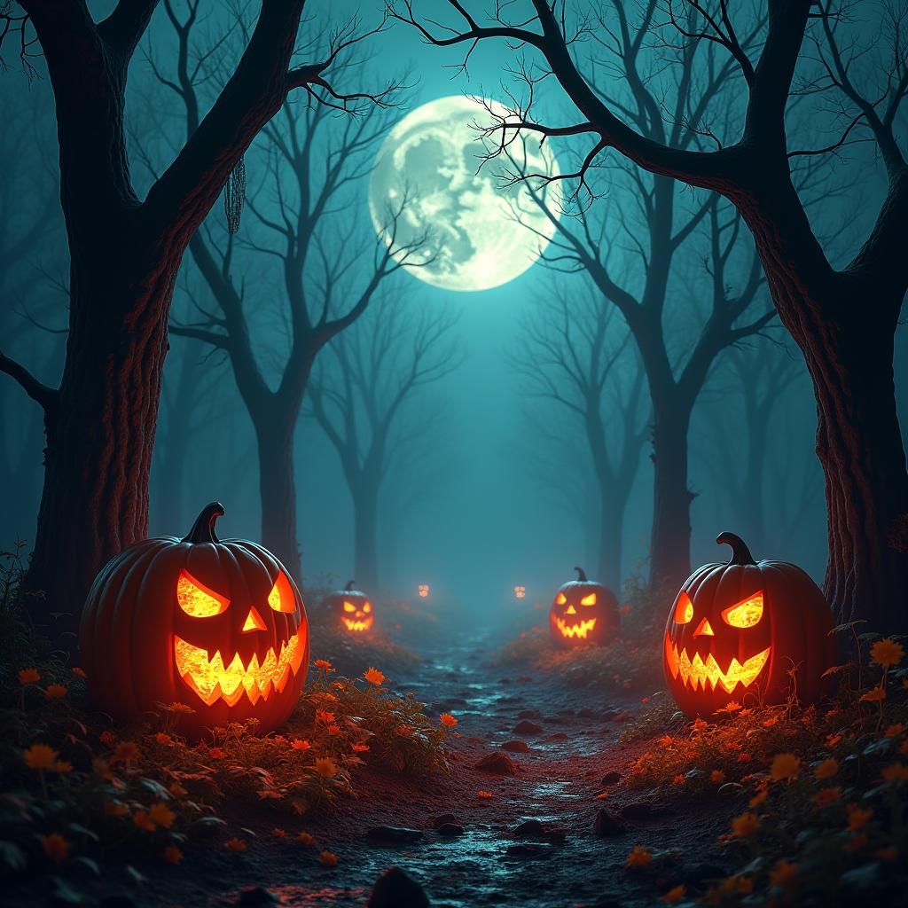 Ethereal Pumpkin Forest at Full Moon in 8K