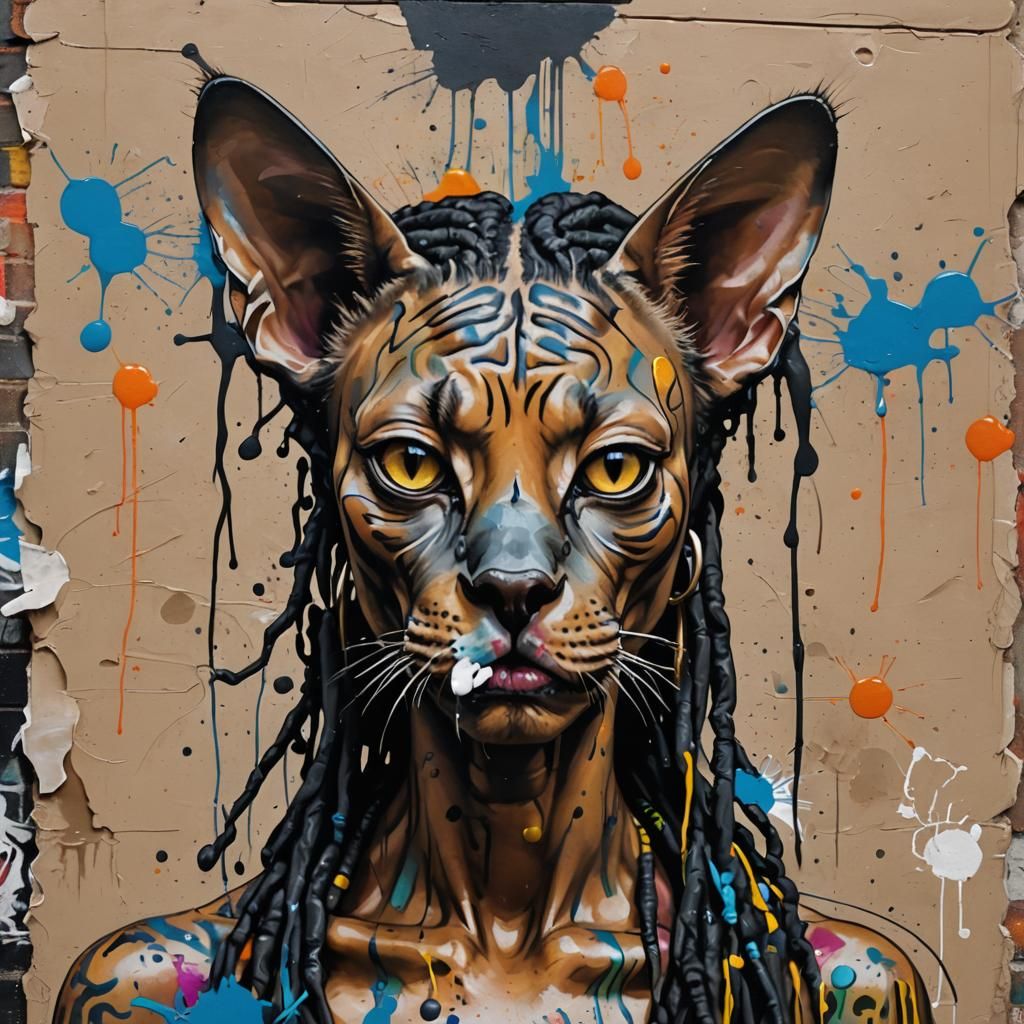 Graffiti Art: Black Woman Locs with Sphynx Cat