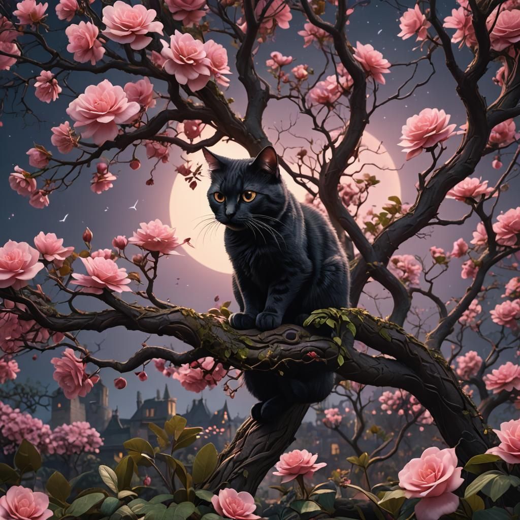 Cat in Tree with Pink Plant at Night