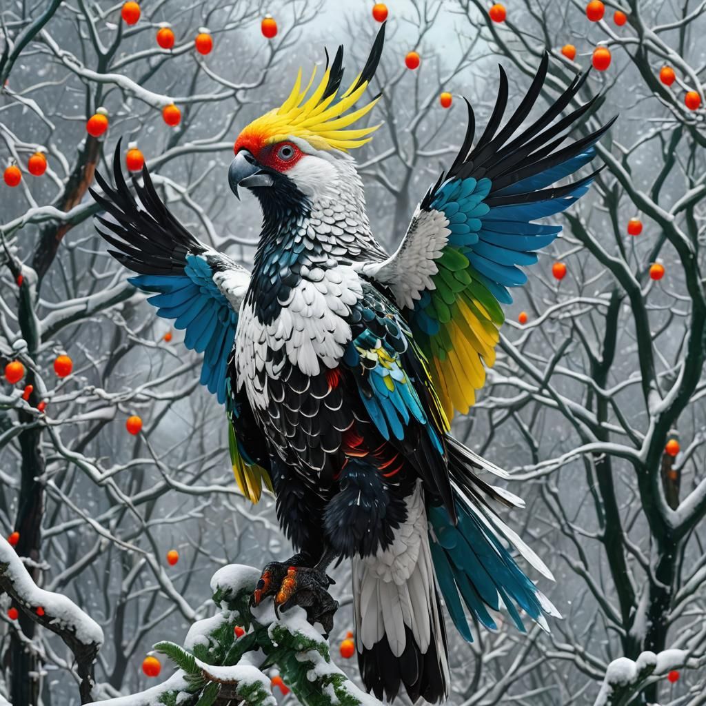 Psychedelic Cockatoo Phoenix Eagle in the Snow