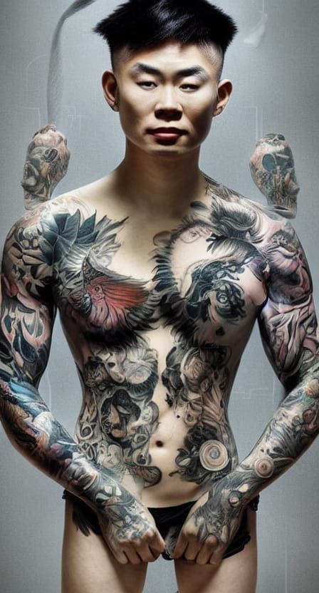 Tattooed Asian Rock Star in Retrofuturistic Portrait