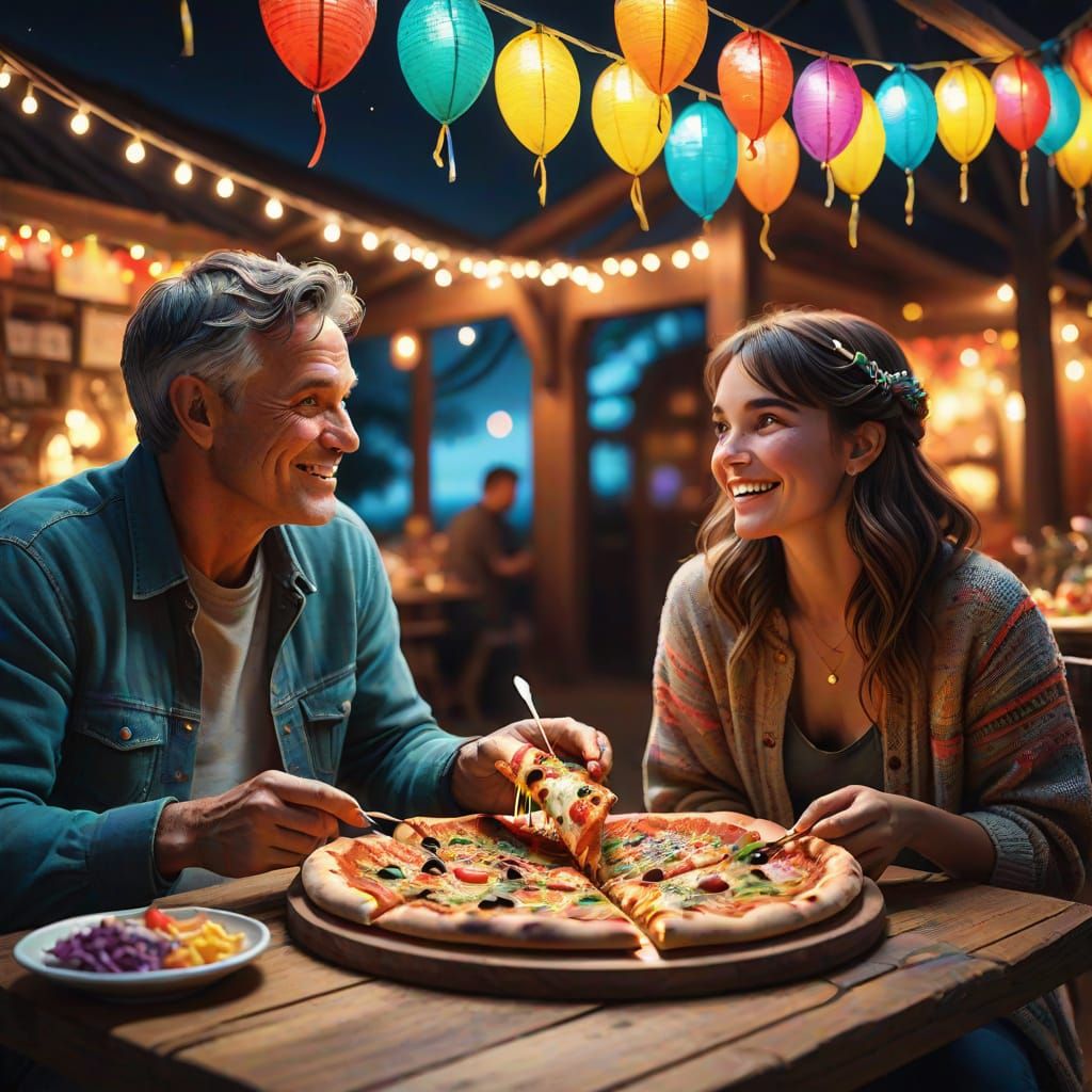 Couple Savoring Pizza Under Twinkling Lights