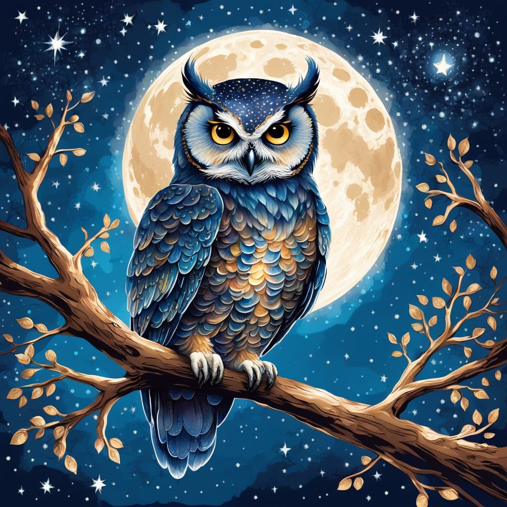 Whimsical Owl Under Starry Night Sky