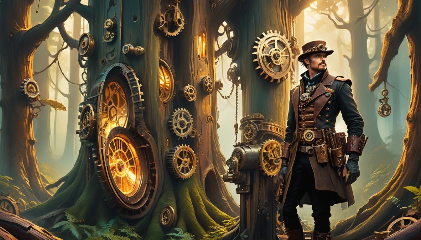 Steampunk Explorer in Mystical Forest: Digital Painting