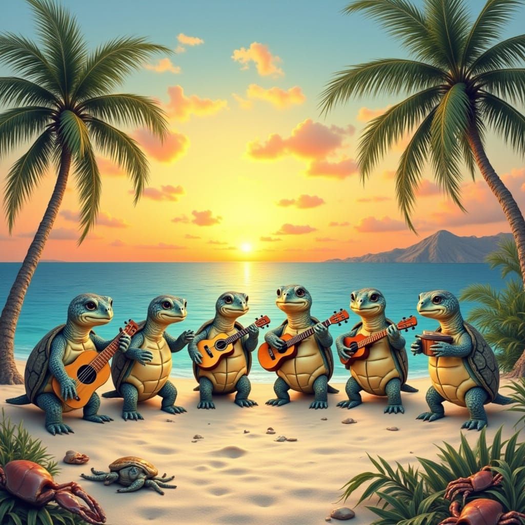 Turtle Choir on Tropical Beach: Watercolor Storybook