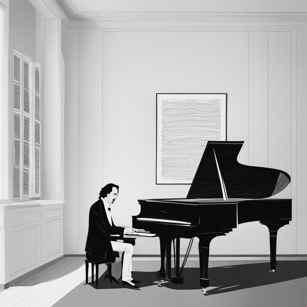 Minimalist Line Drawing of Chopin at Piano