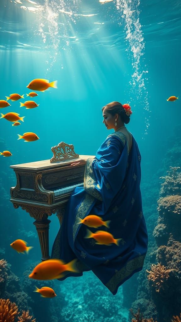 Surreal Underwater Scene of Elegant Woman Playing Piano Amid...