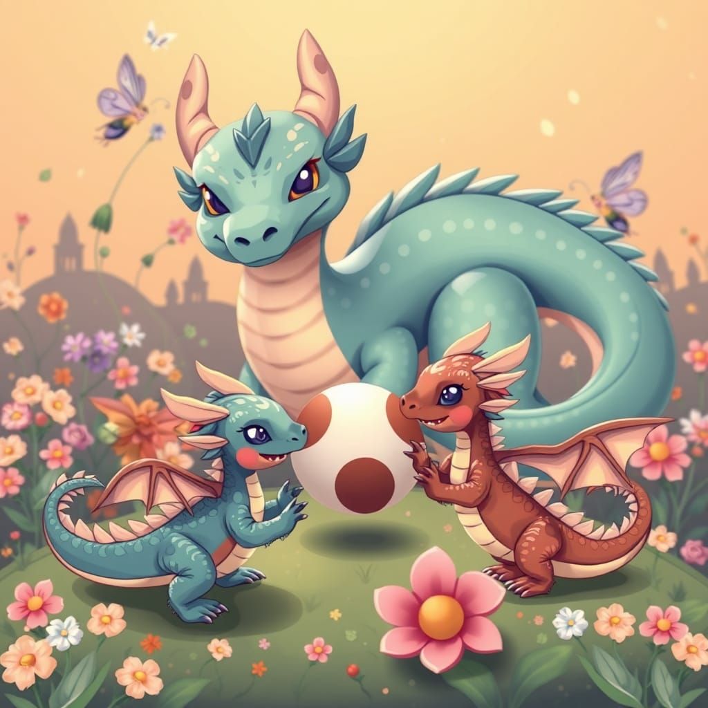 Cute Chibi Dragons Playing Ball, Vector Art