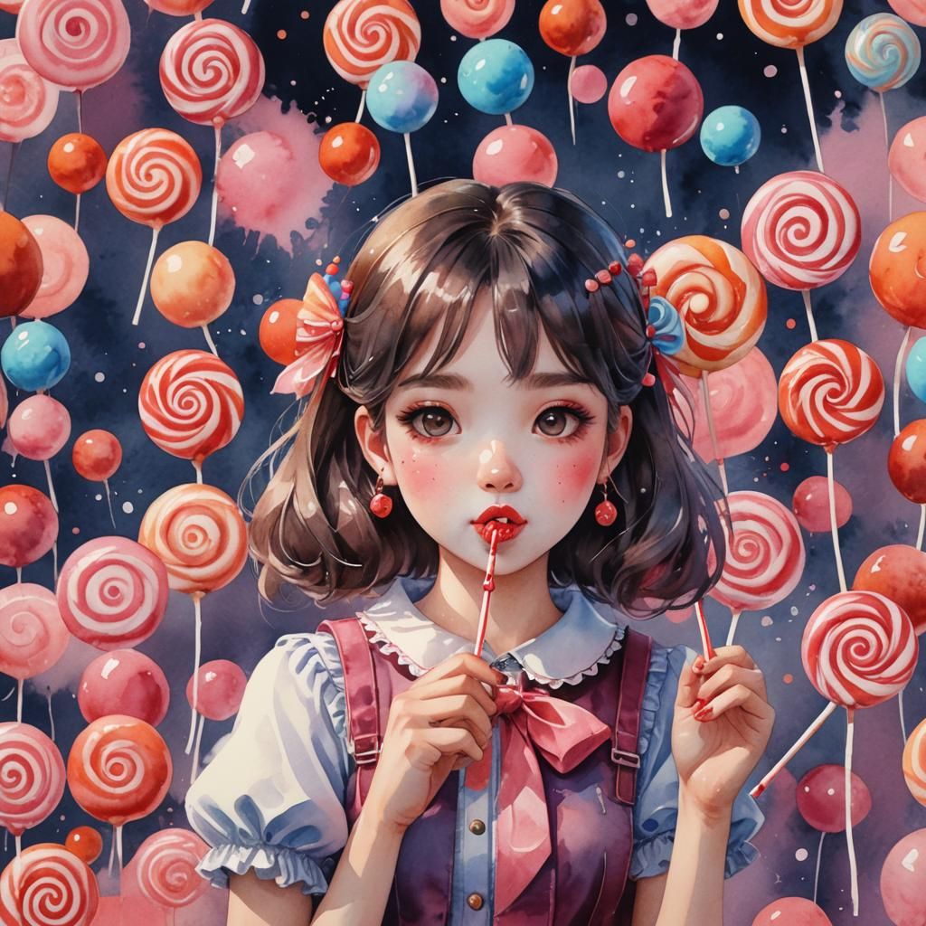 Watercolor Portrait of Girl with Lollipop, Fantasy Art