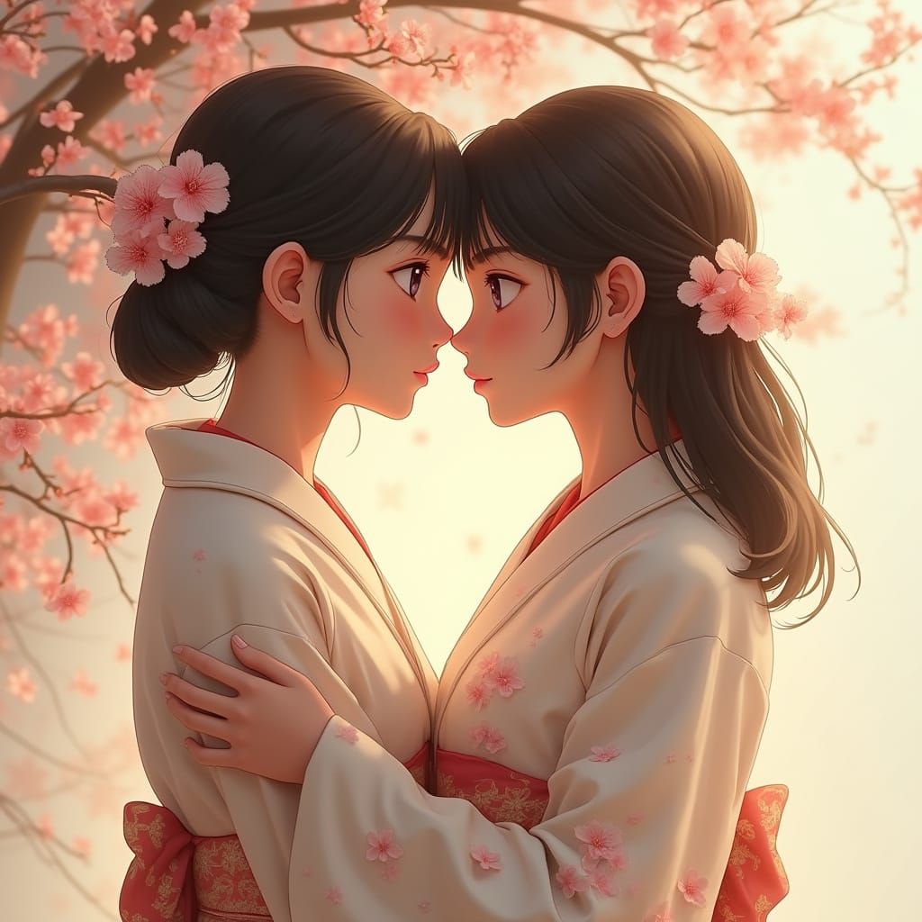 Softly Embracing Teenage Girls in Delicate White Kimono