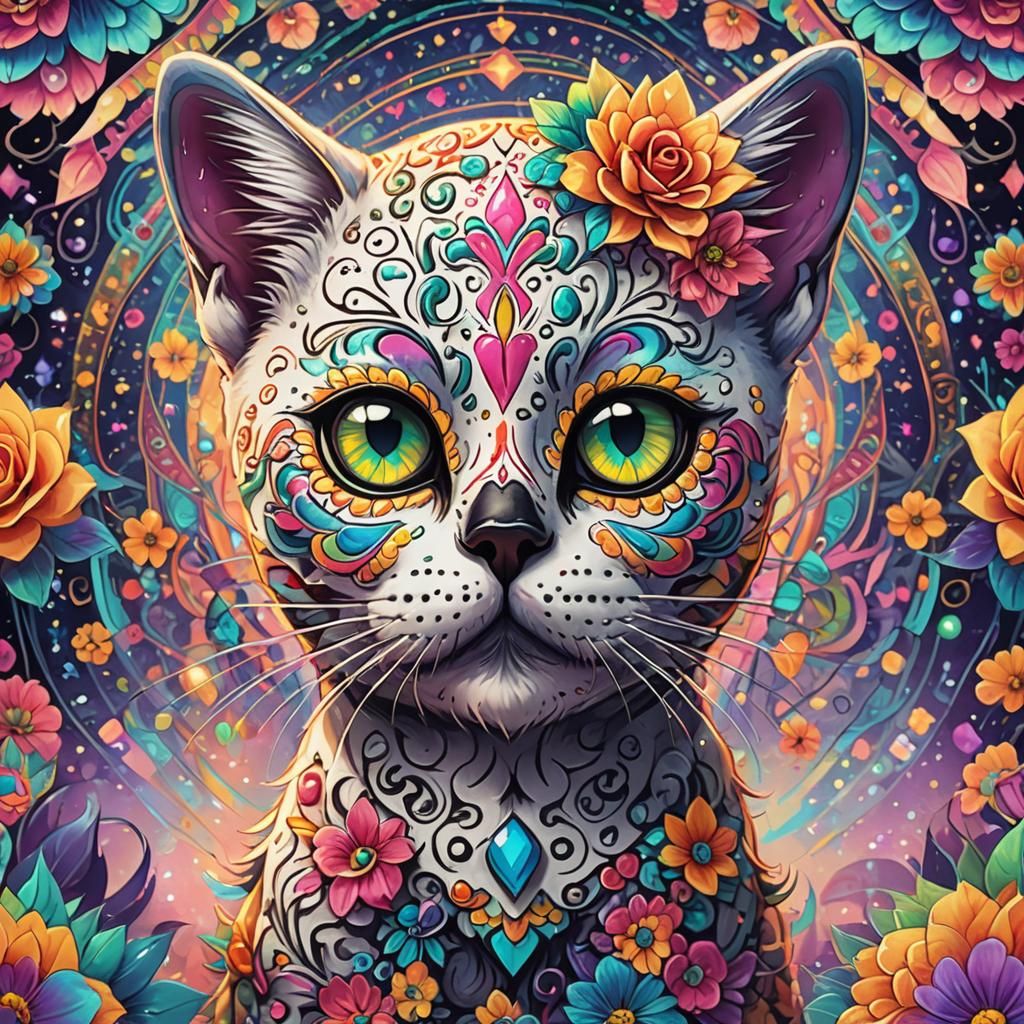 Sugar Skull Kitten Portrait in Anime Style