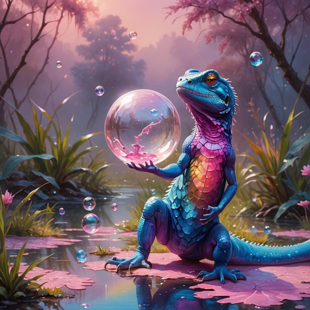 Blue Lizard in Swamp, Vibrant Oil Painting