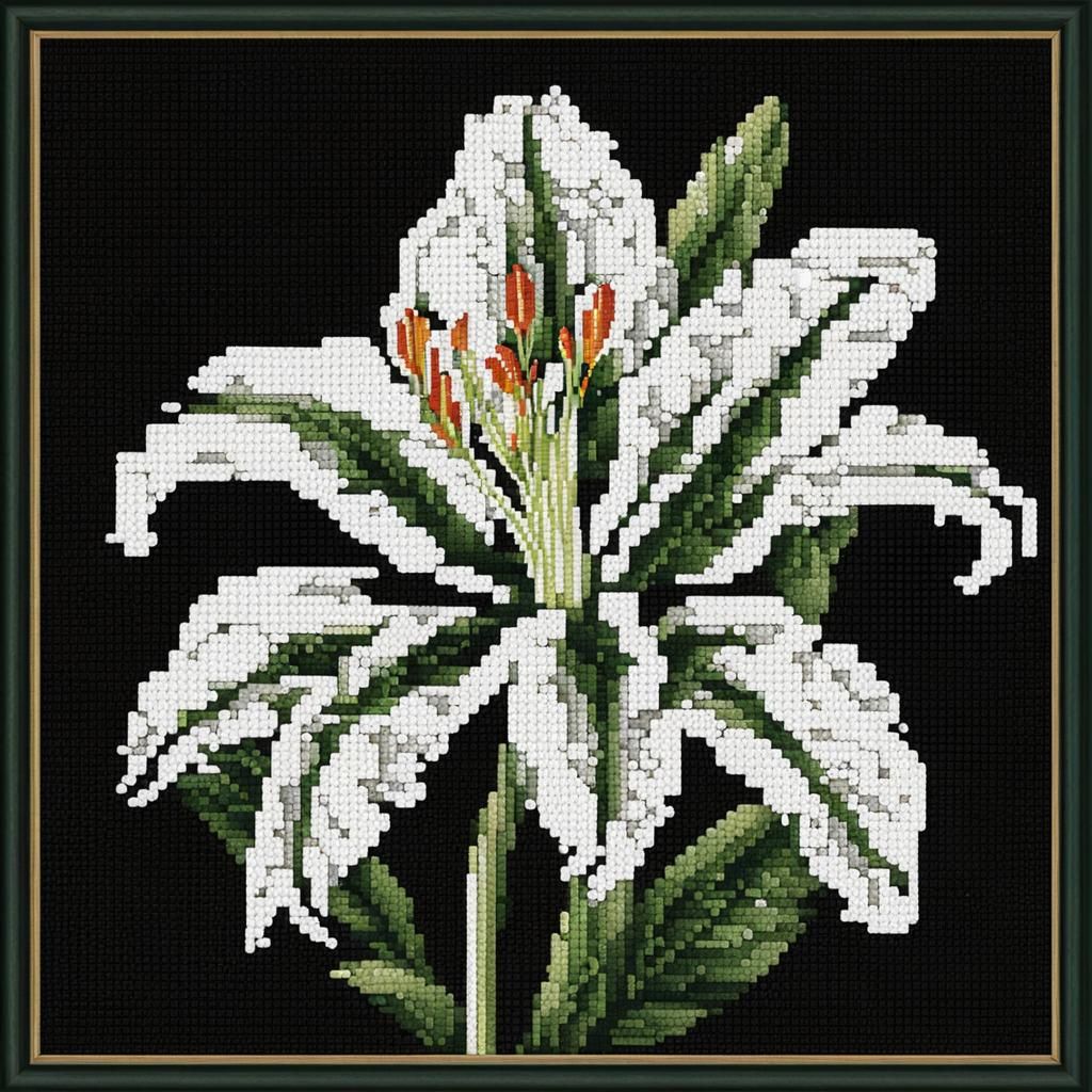 Cross-Stitch White Lily on Black Background
