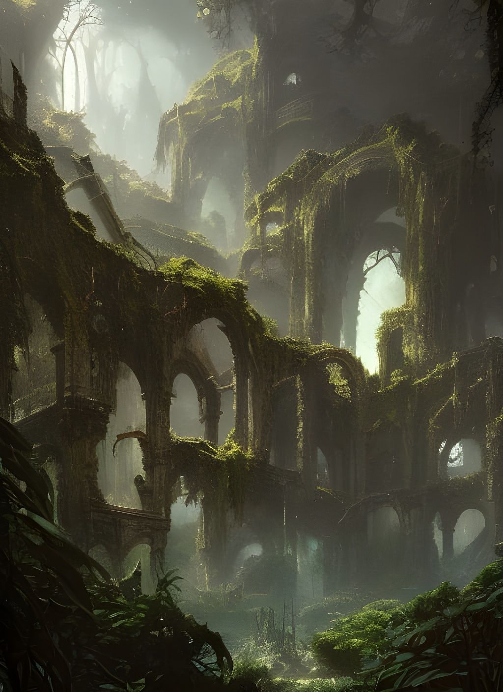 Overgrown Mountain Temple with Waterfalls in Dark Fantasy St...