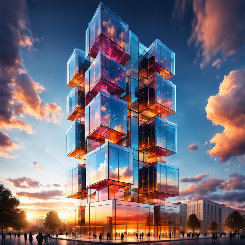 Futuristic Crystal Glass Tower at Sunset