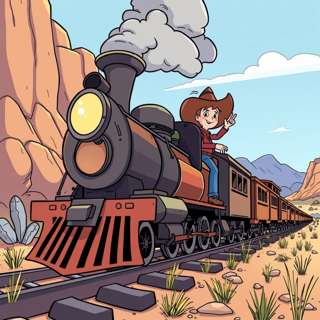 Cartoon Cowboy Drives Runaway Train