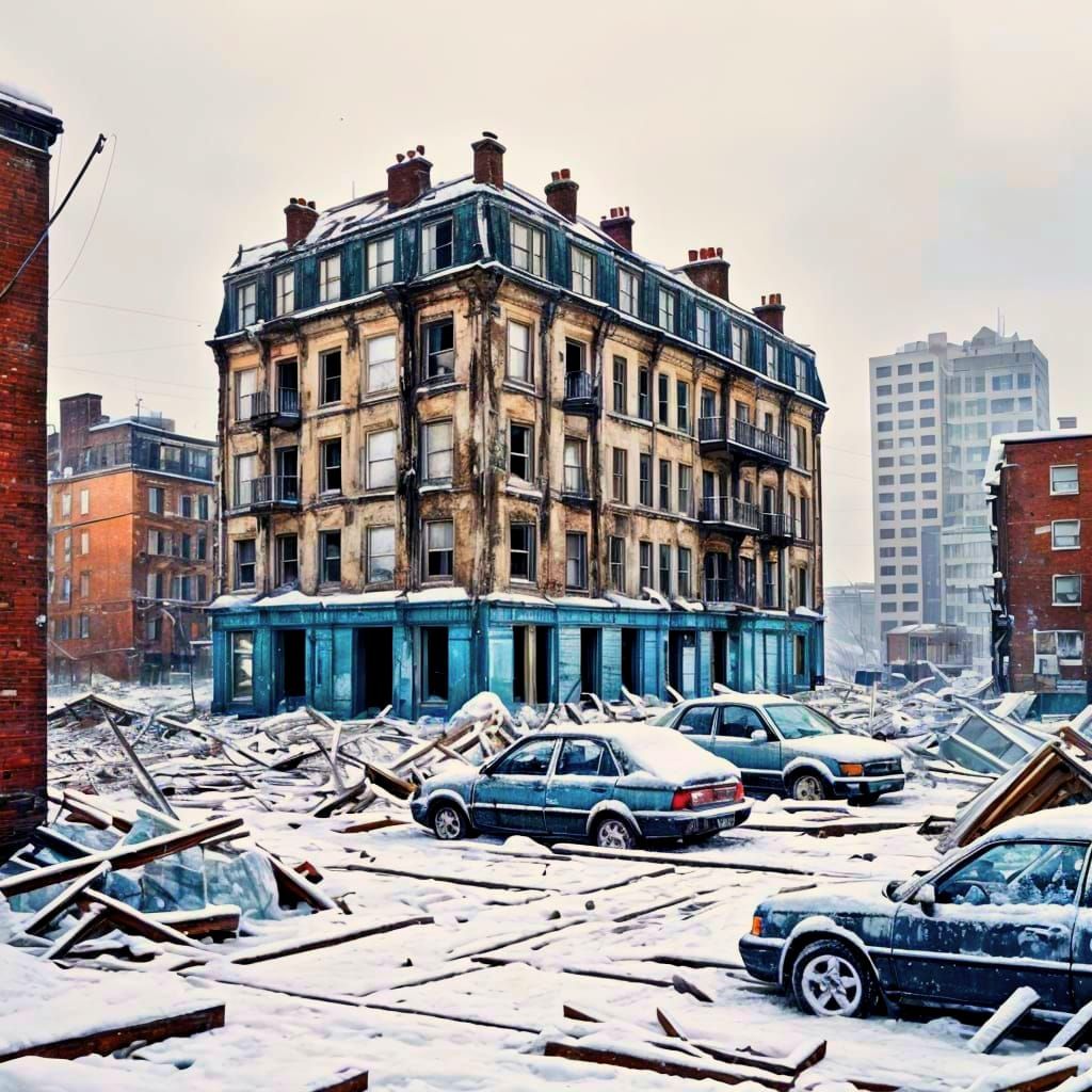 Icy Winter Cityscape with Derelict Buildings