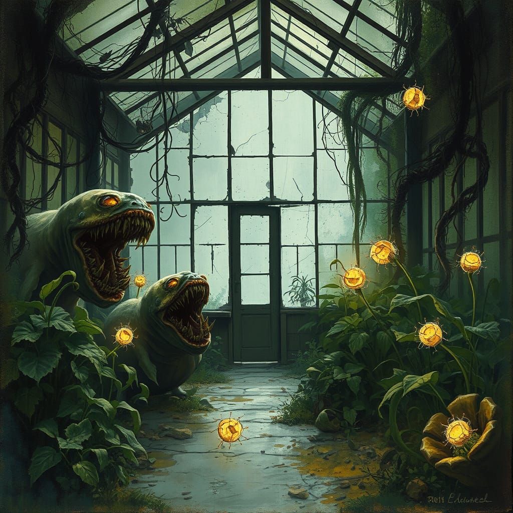 Forgotten Greenhouse: Carnivorous Vines in Impressionist Gou...