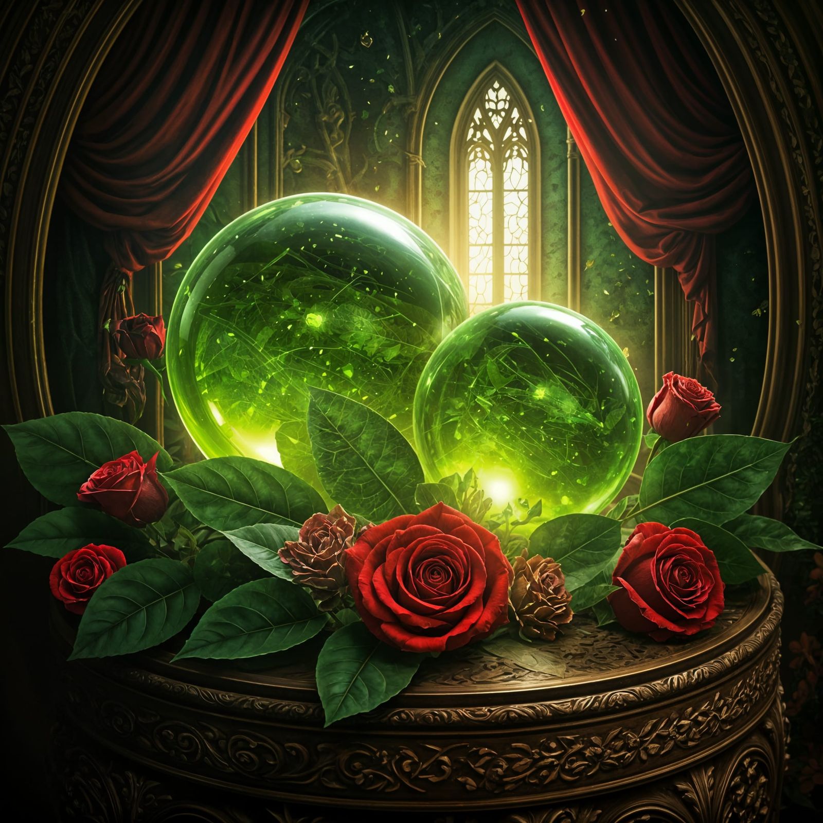 Peridot Crystals and Roses in Gothic Art Style