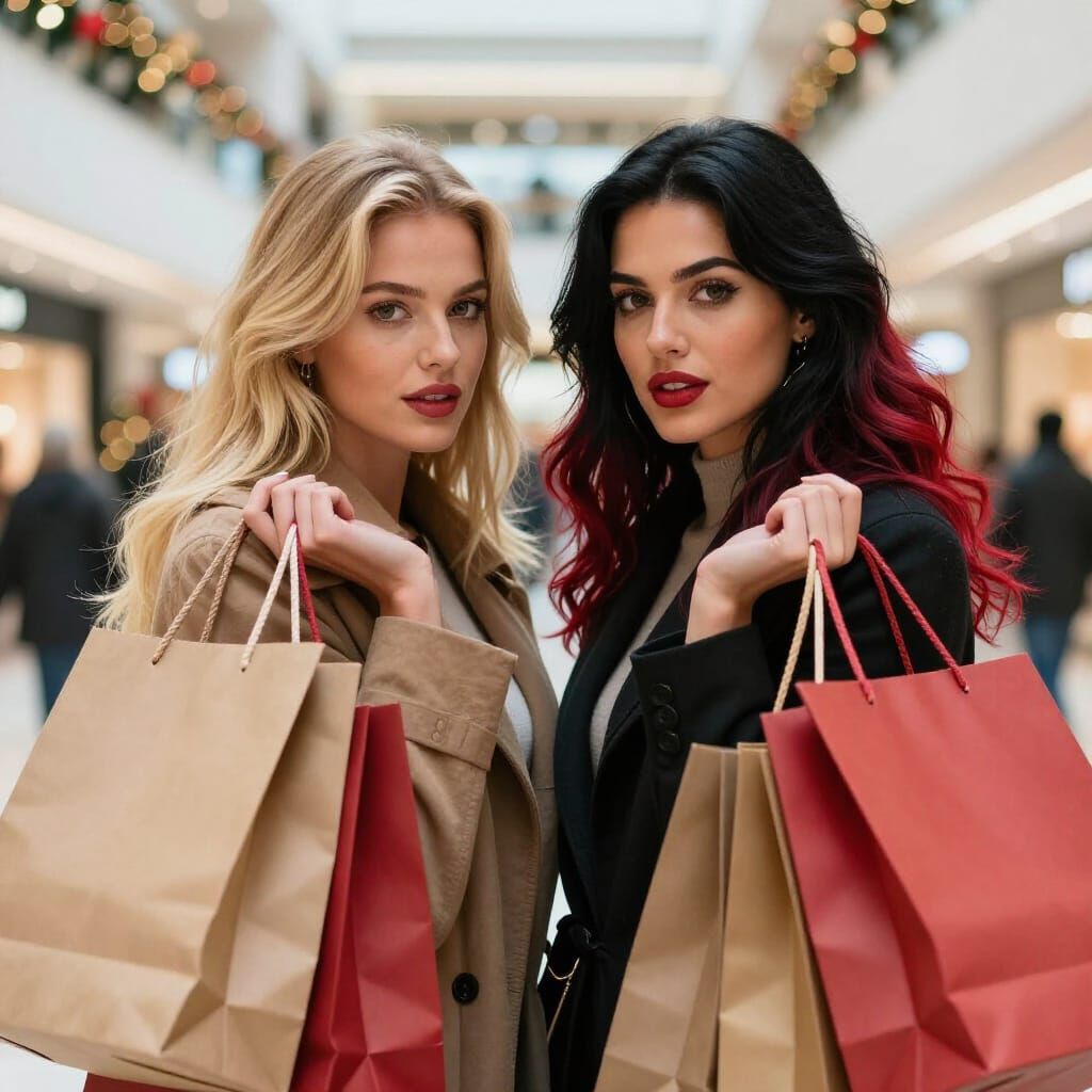 Two Beautiful Women Enjoying Festive Christmas Shopping