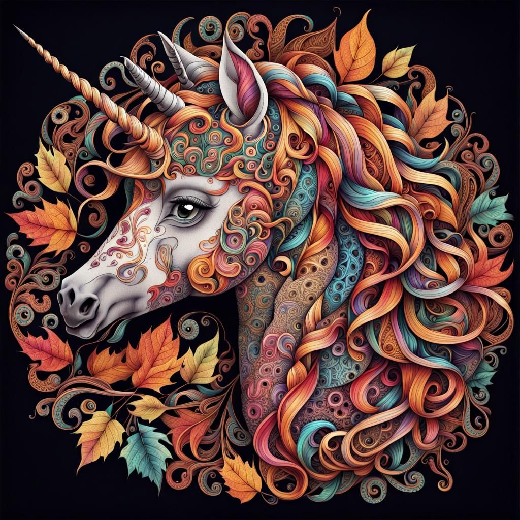 Colorful Zentangle Unicorn in Autumn Colors