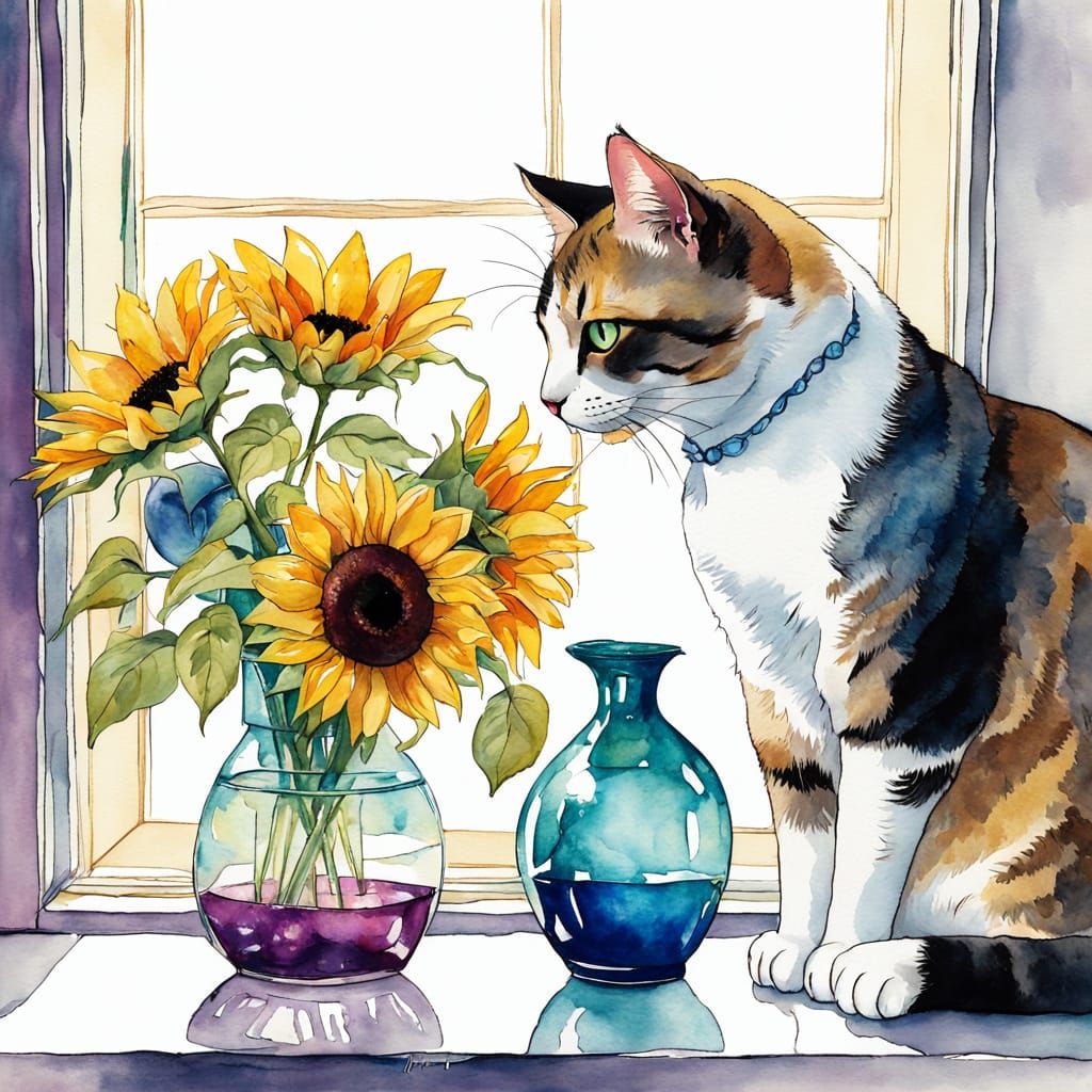 Cat Sniffs Sunflower: Jewel-Toned Watercolor Painting
