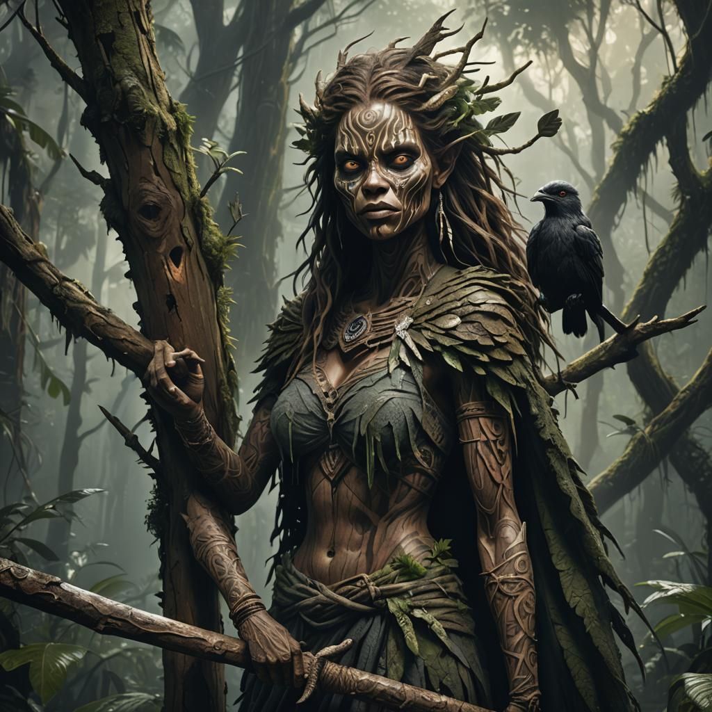 Wooden Spirit with Machete in Dark Fantasy Style