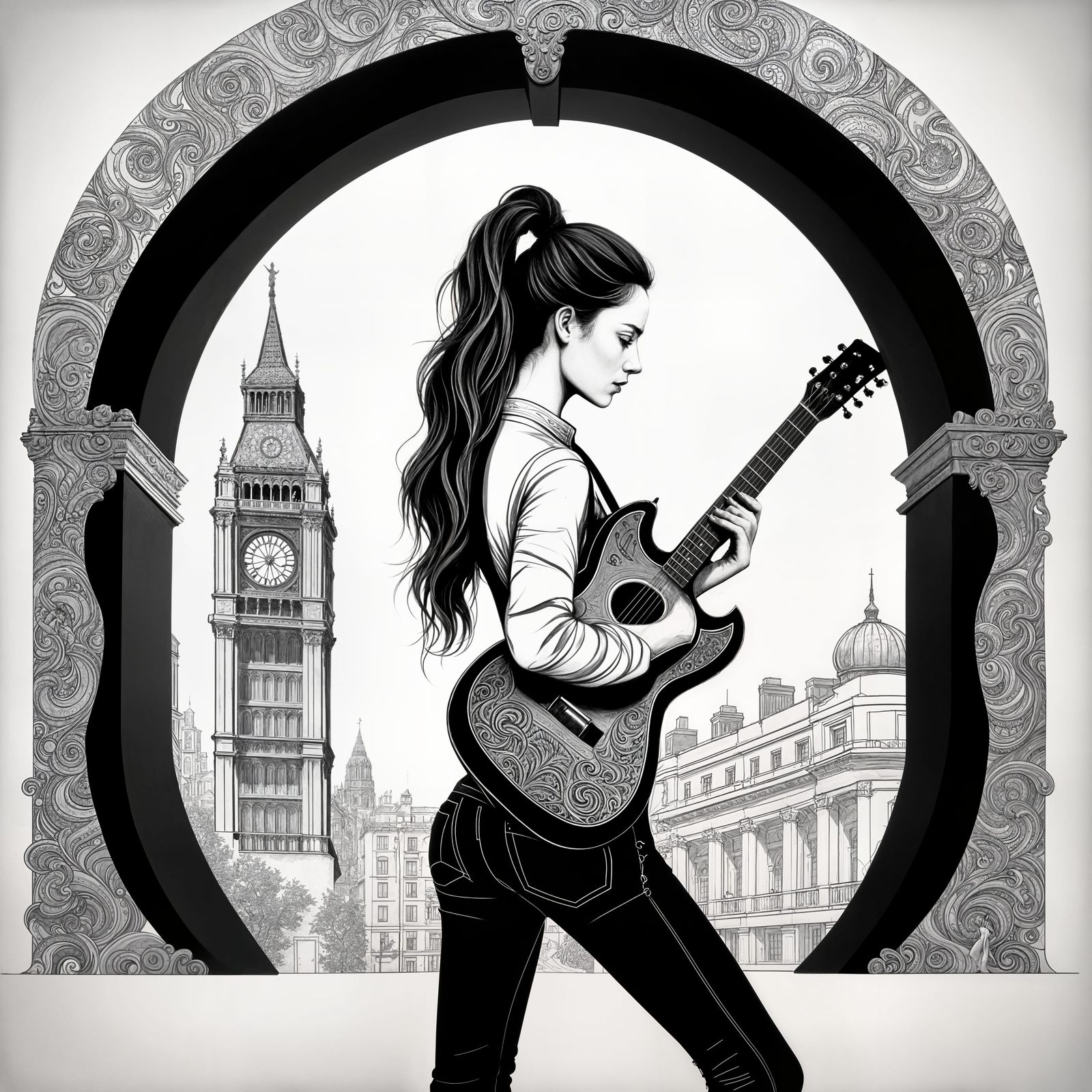 Monochrome Silhouette Art Featuring Woman, Guitar and Cat