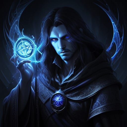 Wizard in Dark Lab With Glowing Runes