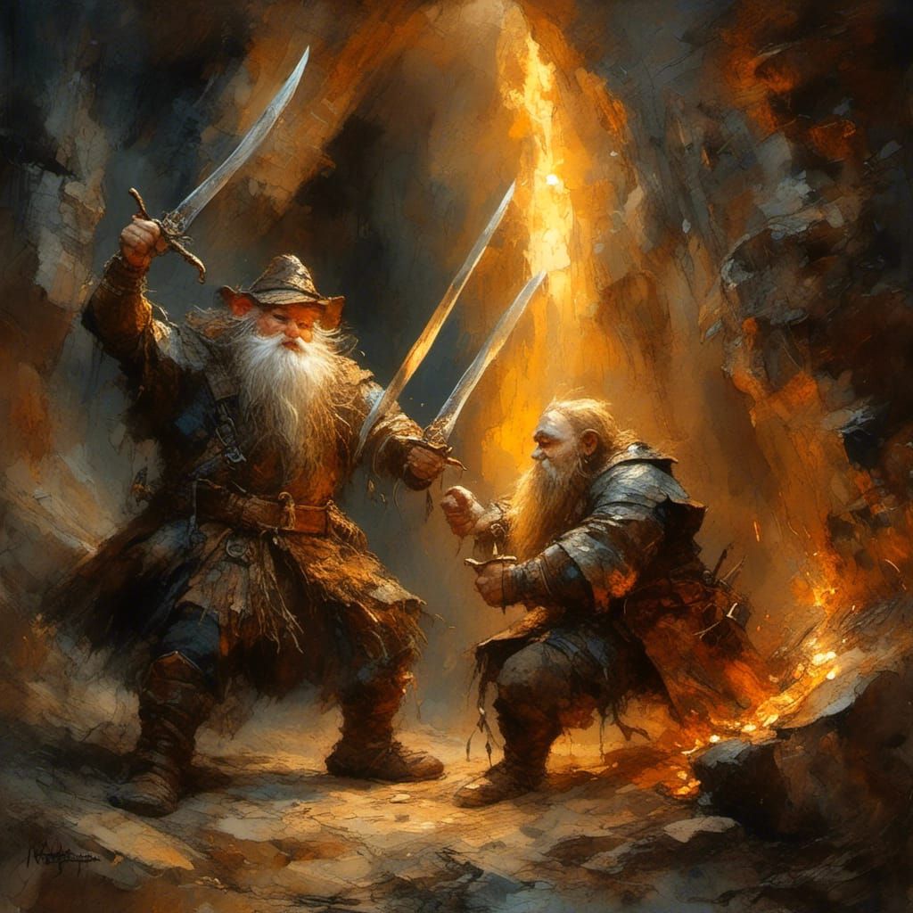 Dwarf and Gnome Sword Fight in Oil Painting