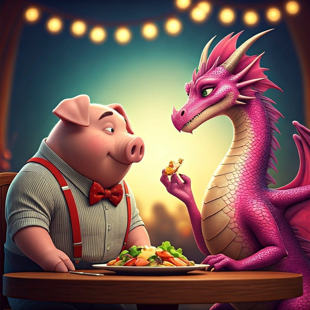 Stylish Pig and Dragon Couple Enjoy Cozy Night Out