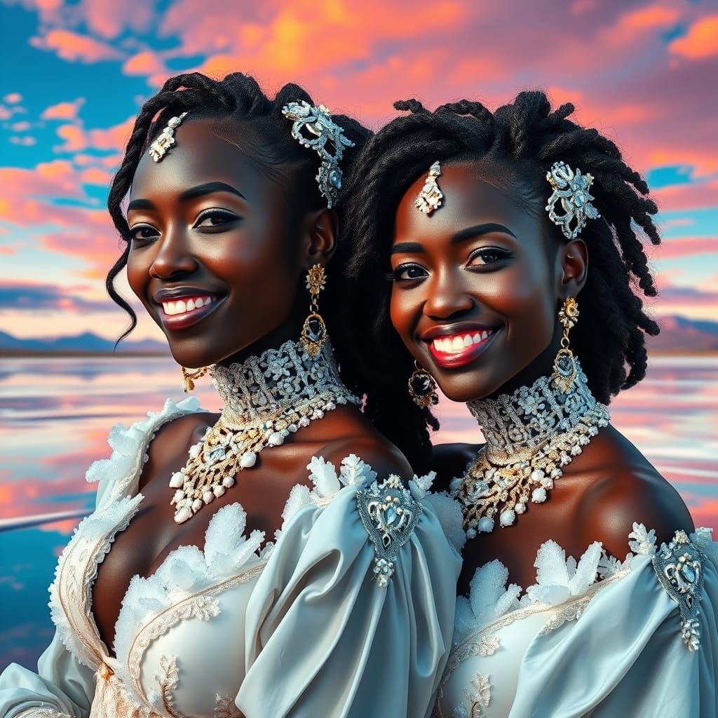 Ornate Crystal Adorned Women in Reflective Desert